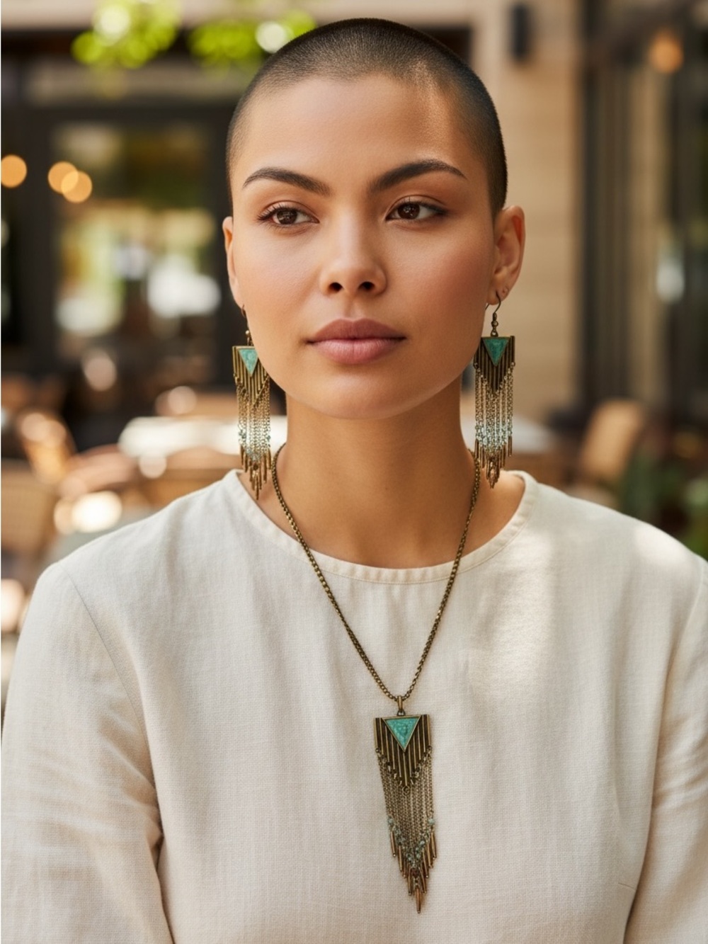 NEW•Zen Bohemian Antique Turquoise and Gold Fringe Necklace and Earrings Set